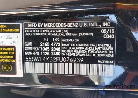2015 Mercedes-Benz C 300 4Matic from USA, damaged, VIN 55SWF4KB2FU076939